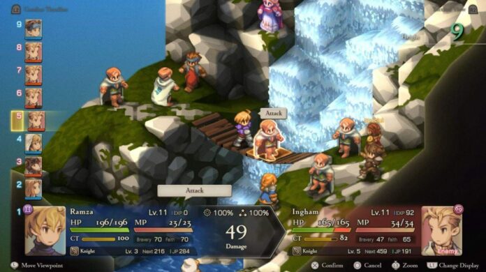 ภาพสกรีนช็อตจากเกม Final Fantasy Tactics: The Ivalice Chronicles แสดงฉากการต่อสู้เชิงกลยุทธ์บนพื้นที่ภูเขามีน้ำตกไหลผ่าน ตัวละครหลัก Ramza กำลังยืนอยู่บนสะพานไม้และเลือกโจมตีศัตรูที่อยู่ตรงหน้า