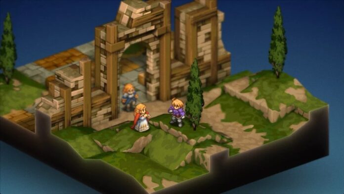 ภาพจากเกม Final Fantasy Tactics: The Ivalice Chronicles แสดงฉากคัตซีนในสไตล์กราฟิกพิกเซล 3D มุมมองไอโซเมตริก ตัวละคร Ramza กำลังยืนพูดคุยกับ Tietra