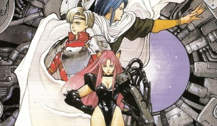 ภาพวาดสไตล์อนิเมะจากเกม Phantasy Star II แสดงตัวละครหลักสามคน