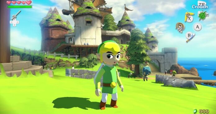 ภาพหน้าจอจากเกม The Legend of Zelda: The Wind Waker HD แสดงตัวละคร Link ในชุดเสื้อสีเขียวและหมวกสีเขียว ยืนอยู่กลางทุ่งหญ้า