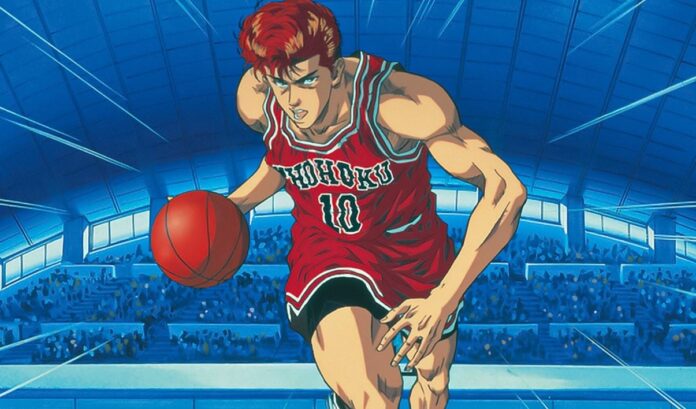 ภาพตัวละครฮานามิจิ ซากุรางิ (Hanamichi Sakuragi) จากอนิเมะ Slam Dunk กำลังเลี้ยงลูกบาสเกตบอลอย่างมุ่งมั่นในสนามแข่ง
