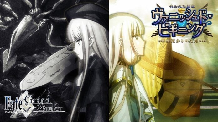 ภาพโปรโมตจาก Fate/Grand Order แบ่งเป็นสองฝั่ง ด้านซ้ายเป็นโทนขาวดำ แสดงตัวละครหญิงผมยาวสีขาวในชุดเข้ม