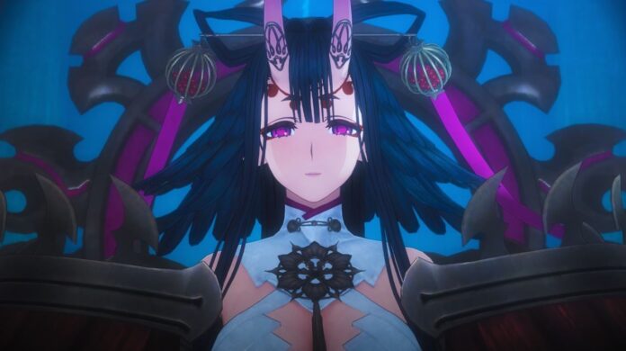 ภาพตัวละครหญิงจากเกมหญิง Fate/Samurai Remnant มีเขาสองข้างมองตรงมาด้านหน้า