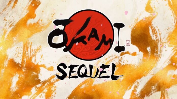 โลโก้เกม Ōkami ภาคต่อ พร้อมตัวอักษร SEQUEL บนพื้นหลังลวดลายพู่กันญี่ปุ่นสีทองและขาว