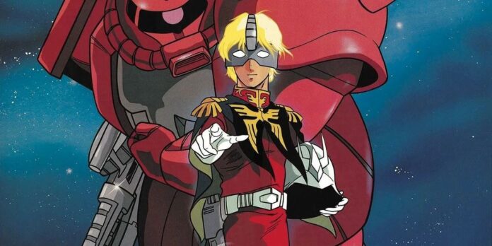 Char Aznable ยืนอยู่ด้านหน้าโมบิลสูท Zaku II สีแดงจากอนิเมะ Mobile Suit Gundam