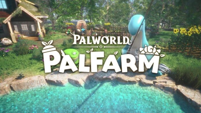ภาพโปรโมตเกม Palfarm มีฉากหลังเป็นฟาร์มสีเขียวสดใส บ้านไม้ และตัวละคร Pal กำลังนั่งตกปลาข้างสระน้ำ