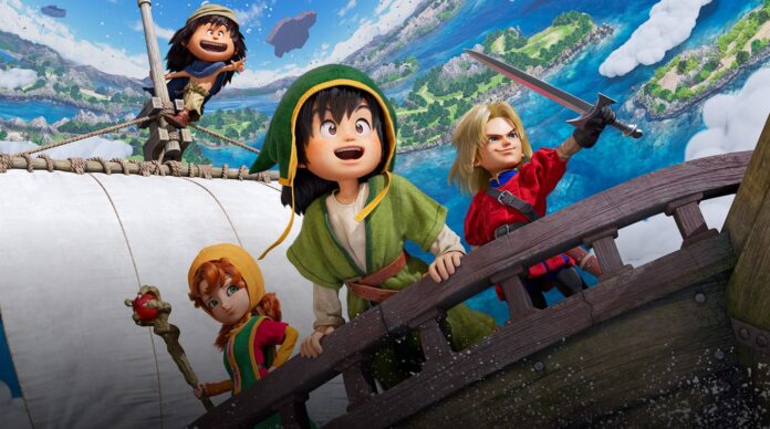 ตัวละครเอกจาก Dragon Quest VII Reimagined ยืนอยู่บนดาดฟ้าเรือพร้อมเพื่อนร่วมทีม