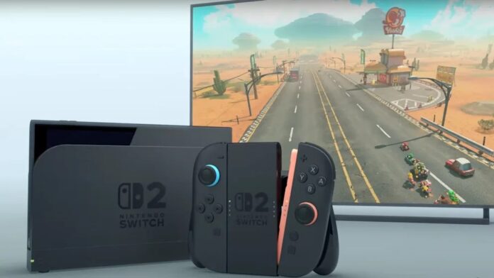เครื่อง Nintendo Switch 2 พร้อมจอยคอนสีดำ-ส้มวางอยู่ข้างแท่น Dock ขณะเล่นเกม Mario Kart World บนหน้าจอโทรทัศน์