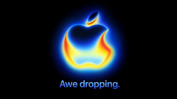 ภาพโปรโมต Apple Event มีโลโก้ Apple เรืองแสงสีฟ้า-ส้ม บนพื้นหลังดำ พร้อมข้อความ “Awe dropping.” ด้านล่าง