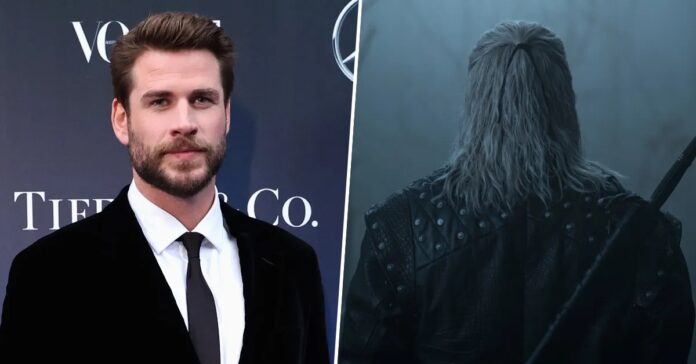Liam Hemsworth ในชุดสูท (ซ้าย) และภาพด้านหลังของตัวละคร Geralt of Rivia ที่มีผมสีขาวและใส่เกราะหนังดำจากซีรีส์ The Witcher (ขวา)