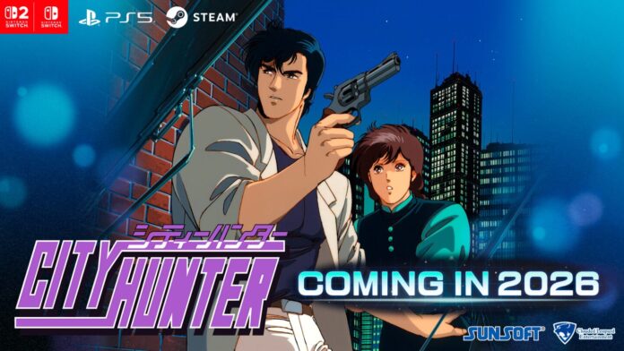 ภาพโปรโมตเกม City Hunter โดยมีโลโก้เกมพร้อมตัวละครชายถือปืนพกยืนด้านหน้าอาคารสูงในเมือง พร้อมตัวละครหญิงยืนอยู่ด้านหลัง แสดงสไตล์อนิเมะยุค 80s ที่เป็นเอกลักษณ์