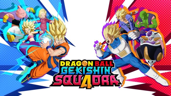 ภาพโปรโมต เกม DRAGON BALL GEKISHIN SQUADRA แสดงตัวละครจากซีรีส์ Dragon Ball แบ่งเป็นสองทีม พร้อมโลโก้เกมตรงกลาง