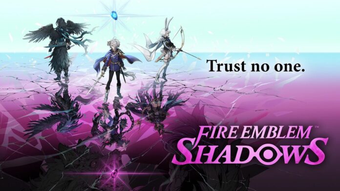 ภาพโปรโมตเกม Fire Emblem Shadows แสดงตัวละครหลักสามตัว ยืนอยู่บนพื้นกระจกที่แตกร้าวสะท้อนภาพเงามืดในด้านล่าง