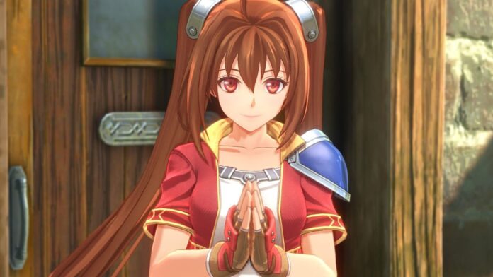 ภาพ Estelle Bright จากเกม Trails in the Sky 1st Chapter กำลังไหว้ขอบคุณ