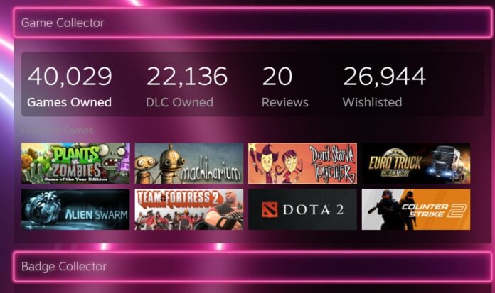 โปรไฟล์ Game Collector บน Steam แสดงจำนวนเกมที่เป็นเจ้าของ 40,029 เกม,