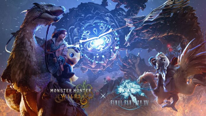 ภาพโปรโมตการคอลแลบระหว่าง Monster Hunter Wilds และ Final Fantasy XIV โดยมีตัวละครขี่โจโคโบะเผชิญหน้ากับ Omega Planetes