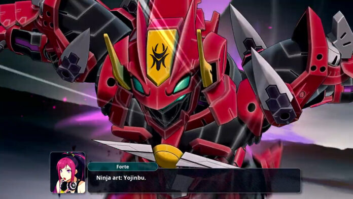 ภาพหุ่นนินจาสีแดงจากเกม Super Robot Wars Y กำลังวิ่งเข้าไปโจมตีศัตรู