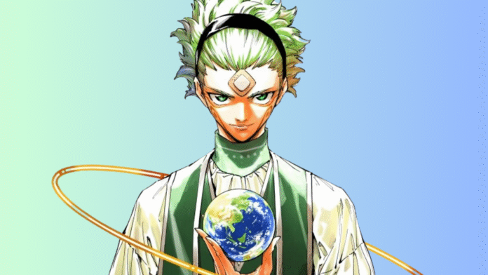 ภาพจากมังงะ Mojuro ตัวละครชายผมสีเขียวอ่อน ใส่ชุดคลุมขาว-เขียว มือถือโลก มีวงแหวนสีทองล้อมรอบ ฉากหลังสีเขียวฟ้าไล่เฉด