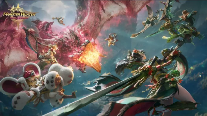 ตัวละครนักล่าจาก Monster Hunter Outlanders รวมพลังเข้าปะทะกับมอนสเตอร์ขนาดยักษ์กลางอากาศ