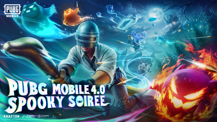 ภาพโปรโมตอีเวนต์ PUBG MOBILE 4.0 Spooky Soiree โทนสีฟ้าม่วง พร้อมตัวละครกลางภาพและผีเปลวไฟสุดหลอน