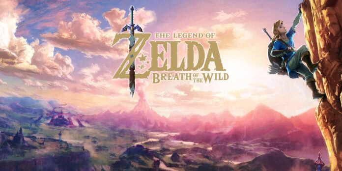 ภาพโปรโมตเกม The Legend of Zelda: Breath of the Wild แสดงให้เห็นตัวละครลิงก์ปีนหน้าผาโดยมีทิวทัศน์กว้างใหญ่ของอาณาจักรไฮรูลอยู่เบื้องหลัง