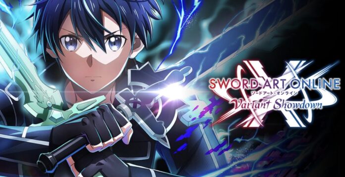 ภาพโปรโมตเกม Sword Art Online Variant Showdown ตัวละครคิริโตะ (Kirito) ถือดาบคู่เรืองแสงสีฟ้า พร้อมโลโก้เกมด้านข้าง