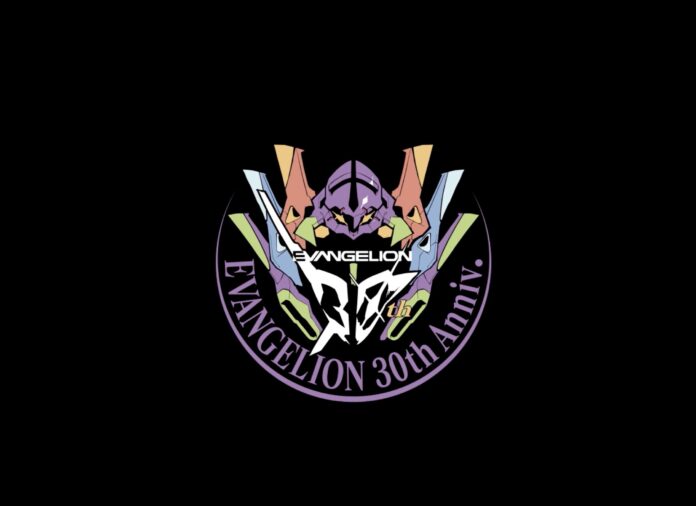 โลโก้ฉลองครบรอบ 30 ปี Neon Genesis Evangelion แสดงภาพใบหน้าของ Unit-01 อยู่ด้านบน พร้อมข้อความ “EVANGELION 30th Anniv.” ในกรอบวงกลม