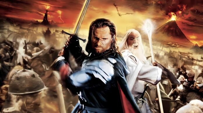 ภาพจากเรื่อง The Lord of the Rings อารากอร์นถือดาบและพ่อมดแกนดัล์ฟถือคทา ยืนเคียงข้างกันในสมรภูมิ
