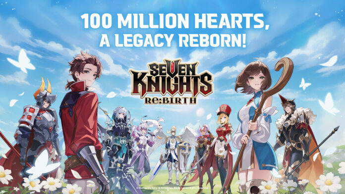 โปสเตอร์โปรโมตเกม Seven Knights Re:BIRTH พร้อมตัวละครหลักยืนเรียงบนทุ่งดอกไม้ ภายใต้สโลแกน “100 MILLION HEARTS, A LEGACY REBORN!”