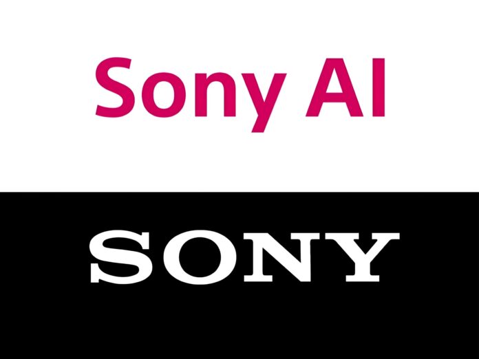ภาพโลโก้ Sony AI ตัวอักษรสีชมพูบนพื้นหลังขาว และโลโก้ Sony สีขาวบนพื้นหลังดำ