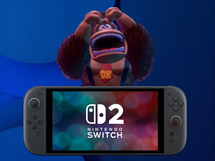 ภาพ Nintendo Switch 2 พร้อมโลโก้เครื่องเกมบนหน้าจอคอนโซลแบบพกพา ด้านหลังมี Donkey Kong ทำท่าตกใจหรือกังวล