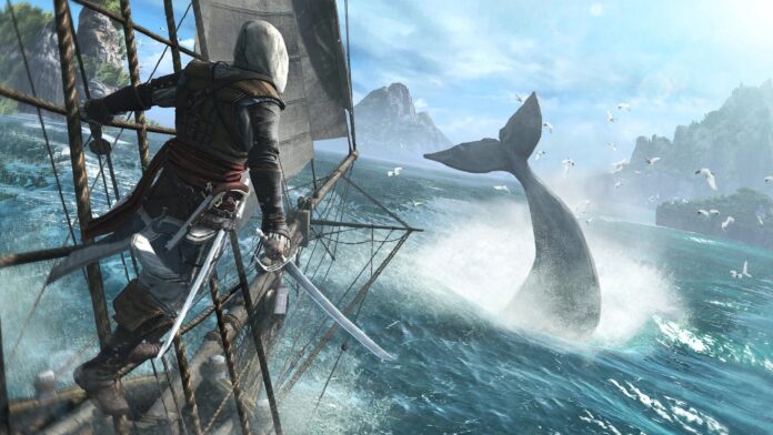 ตัวละครนักฆ่าสวมฮู้ดจากเกม Assassin’s Creed ยืนบนเรือที่กำลังเผชิญหน้าปลาวาฬกระโจนขึ้นจากทะเล