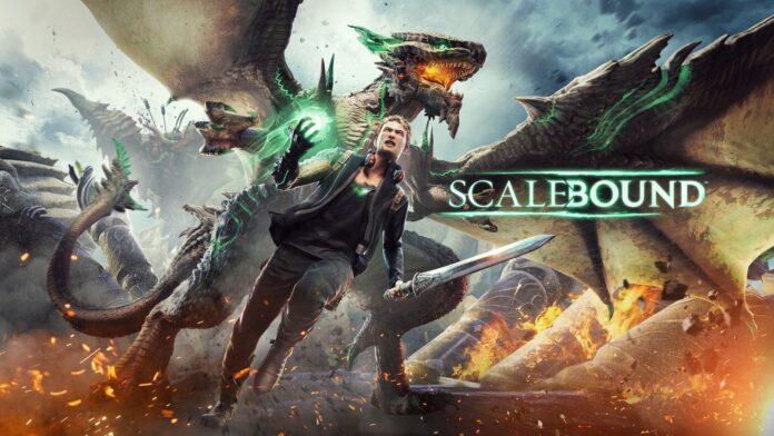 ภาพโปรโมทเกม Scalebound แสดงตัวละครชายถือดาบและพลังเวทย์สีเขียว ยืนต่อสู้เคียงข้างมังกรยักษ์ท่ามกลางสมรภูมิที่ลุกเป็นไฟ