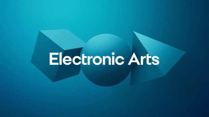 โลโก้ของ Electronic Arts (EA) แสดงตัวอักษรสีขาว “Electronic Arts” บนพื้นหลังโทนฟ้าน้ำเงิน