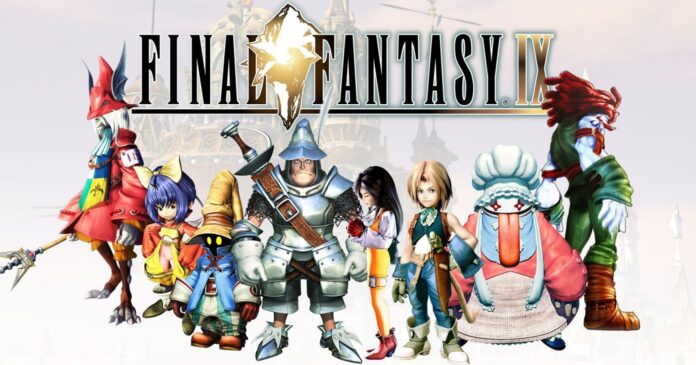 ภาพโปรโมตเกม Final Fantasy IX ตัวละครหลักยืนเรียงรายบนฉากหลังโลโก้เกม