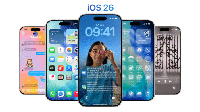 ภาพโลโก้ iOS 26 พร้อมหน้าจอ iPhone ที่แสดงพื้นหลังแบบ Liquid Glass