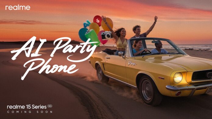 โปสเตอร์โปรโมต realme 15 Series พร้อมสโลแกน “AI Party Phone” แสดงกลุ่มวัยรุ่นขับรถเปิดประทุนสีเหลืองริมชายหาดยามพระอาทิตย์ตก