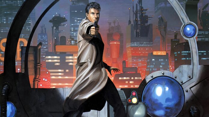 ภาพโปรโมตเกม Snatcher ตัวละครหลักถือปืนชูลำกล้องมาด้านหน้า