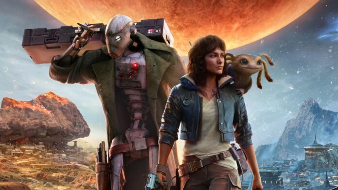 ภาพโปรโมตเกม Star Wars Outlaws แสดงตัวละครหลัก Kay Vess ยืนถือปืนพร้อมกับเพื่อนร่วมทาง Nix บนไหล่ และหุ่น C-3PO