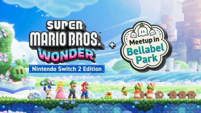 หน้าจอเกม Super Mario Bros. Wonder เวอร์ชัน Nintendo Switch 2 Edition พร้อมโลโก้กิจกรรม Meetup in Bellabel Park