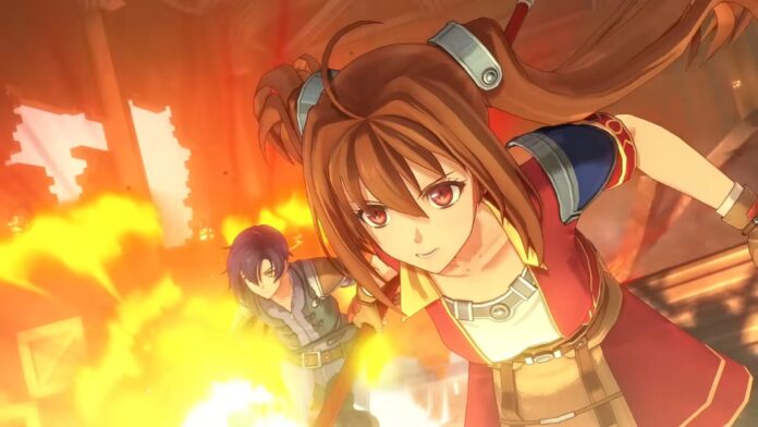ตัวละครเอกจากเกม Trails in the Sky วิ่งฝ่ากองเพลิง โดยมีอีกหนึ่งตัวละครตามมาด้านหลัง