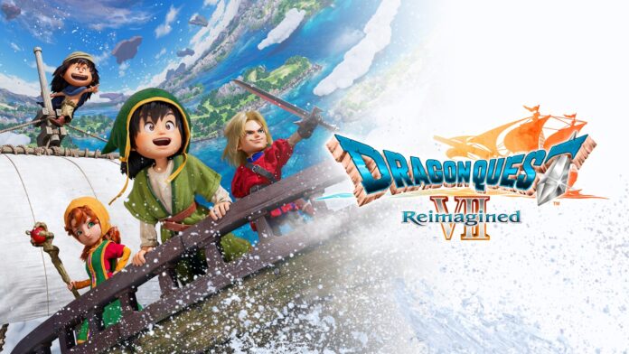 ภาพโปรโมคเกม Dragon Quest VII Reimagined เหล่าตัวละครหลักแสดงท่าทางตื่นเต้นบนเรือเหาะ