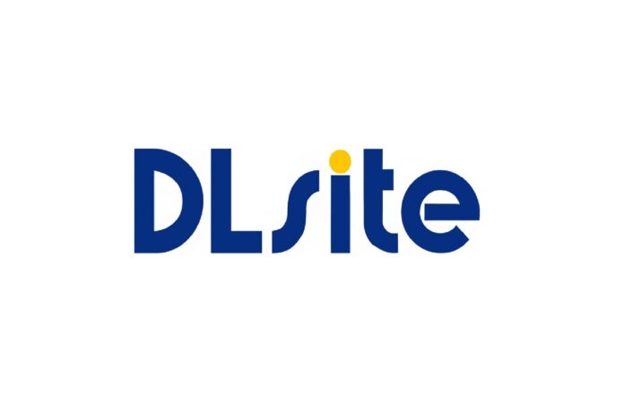 ภาพโลโก้ของบริษัท DLsite ตัวอักษรสีฟ้า บนพื้นหลังสีขาว