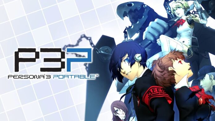 ภาพโปรโมตเกม Persona 3 Portable รวมตัวละครหลักพร้อมโลโก้ P3P