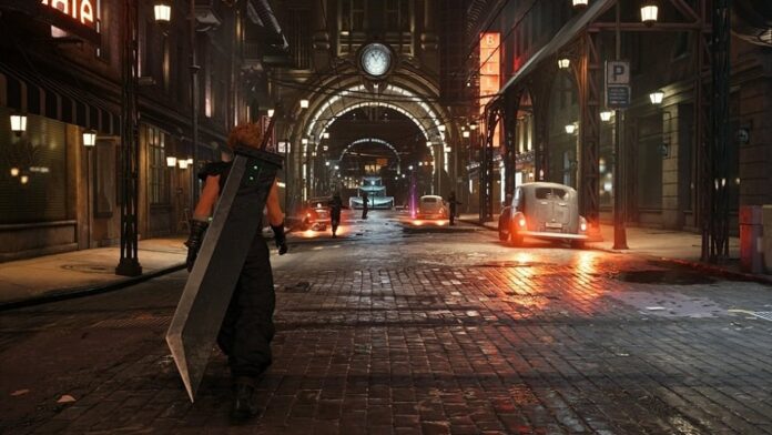 ตัวละคร Cloud เดินกลางถนนในเมืองยามค่ำคืนจากเกม Final Fantasy VII Remake