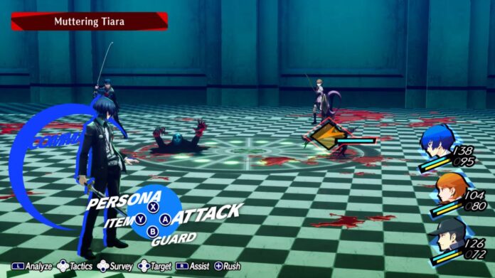 ภาพฉากต่อสู้ในเกม Persona 3 Reload ผู้เล่นกำลังใส่คำสั่งโจมตีมอนสเตอร์