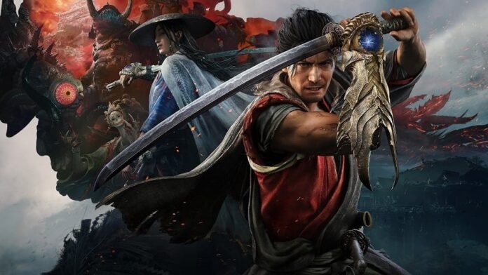 ซามูไรถือดาบเตรียมต่อสู้ในภาพโปรโมตเกม Onimusha: Way of the Sword พร้อมฉากหลังปีศาจและนักดาบลึกลับ