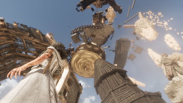 ตัวละครหญิงเงยหน้ามองซากสิ่งปลูกสร้างและเศษประติมากรรมลอยกลางอากาศในเกม Clair Obscur: Expedition 33