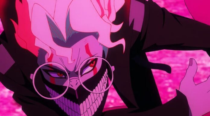 โอคารุนจาก Dandadan แปลงร่างปีศาจ ท่าทางพร้อมต่อสู้กลางฉากพลังงานสีม่วง