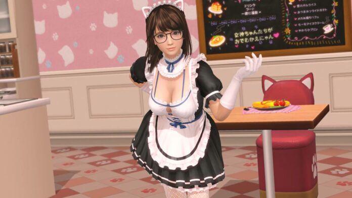 ภาพตัวละครสาวจากเกม Dead or Alive Xtreme Venus Vacation แสดงท่าทางต้อนรับในร้านเมดคาเฟ่